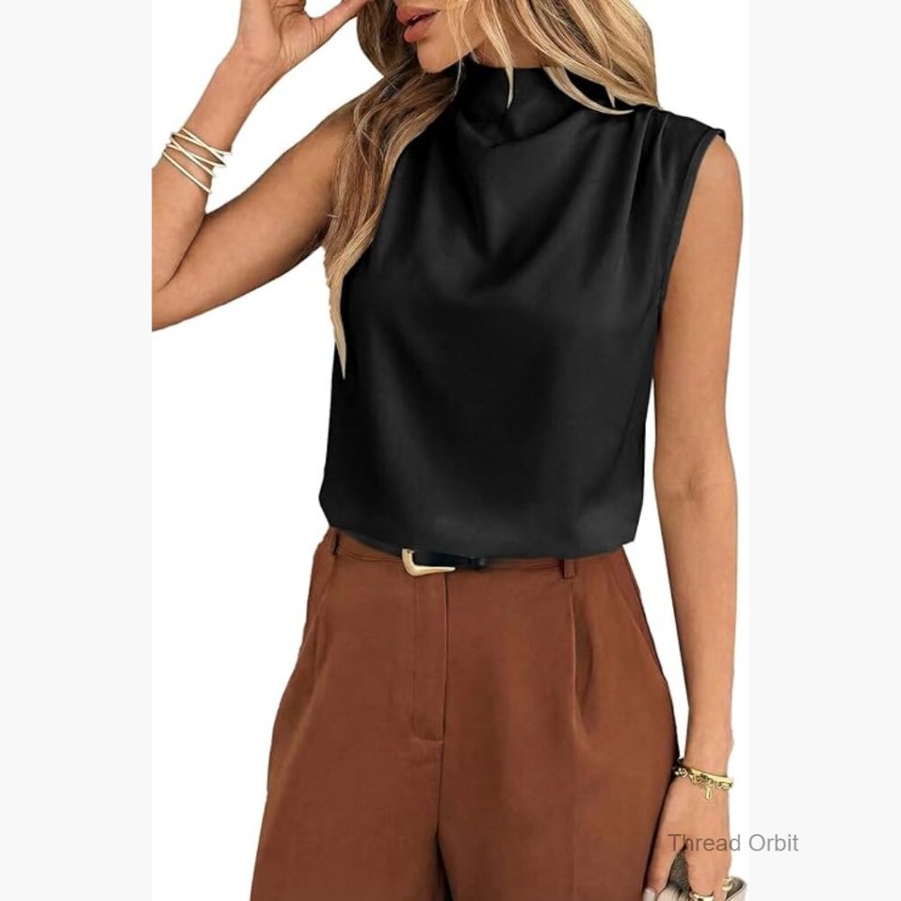 Mock Neck Pleated Tank Top Sleeveless Blouse Work Casual Summer
